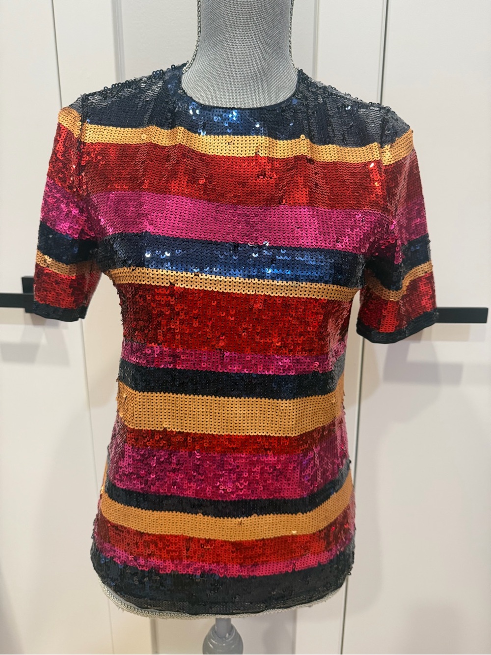 Trina Turk Multicolor Striped Sequin Short Sleeve Top XS